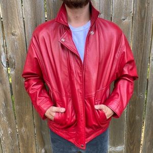 Vintage | Men’s Red Zip Leather Jacket Medium